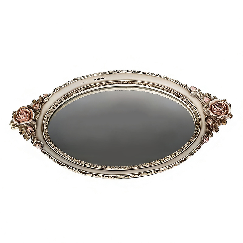 Retro Rose Engraved Oval Resin Mirror Tray - Antique White Decorative Storage Tray